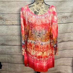 One World Tunic Top Artsy Back Vent Rhinestones Paisley NWT Size 1X Pink